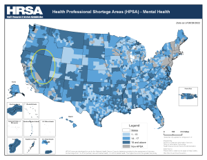 Health Resources and Services Administration map of the United States showing Health Professional Shortage Areas (HPSA) in Mental Health. Nevada is circled on the map. The legend shows the HPSA scale. Based on the scale most of Nevada is 18 and above on the HPSA scale. The higher the scale the greater the priority.